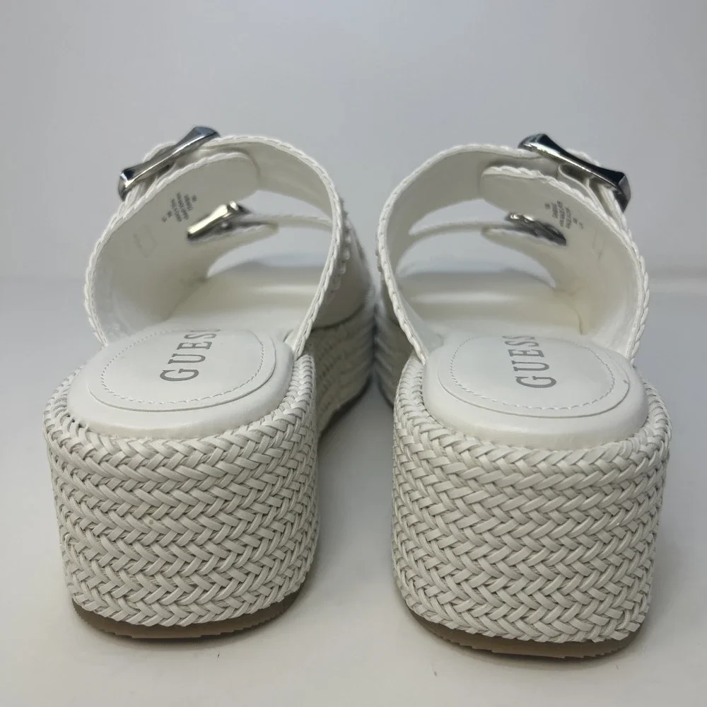 GUESS Binks‎ Woven Platform Sandals Ivory White Double Buckle Wedge Size 10M NIB
